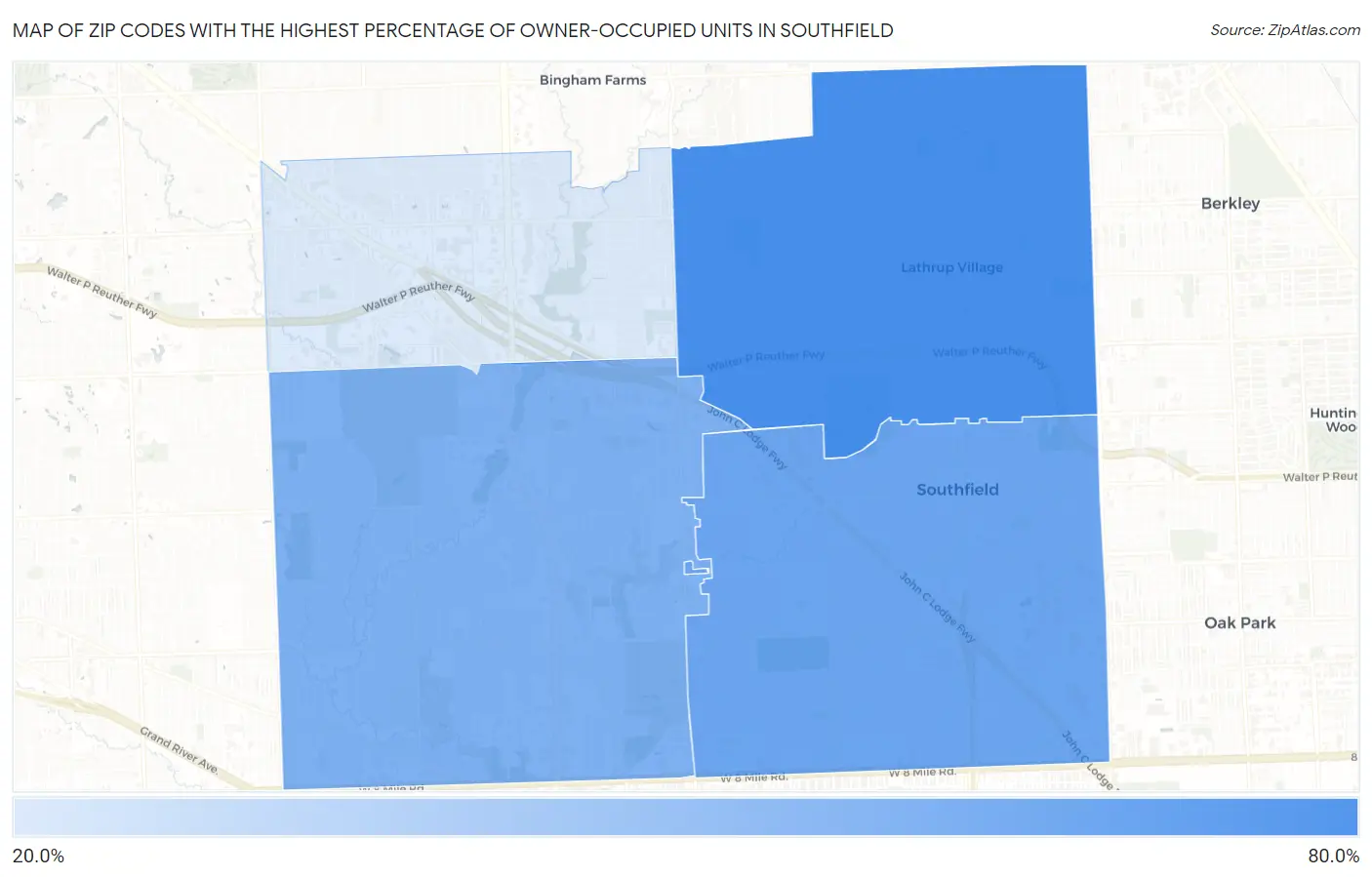Zip Codes with the Highest Percentage of Owner-Occupied Units in Southfield Map