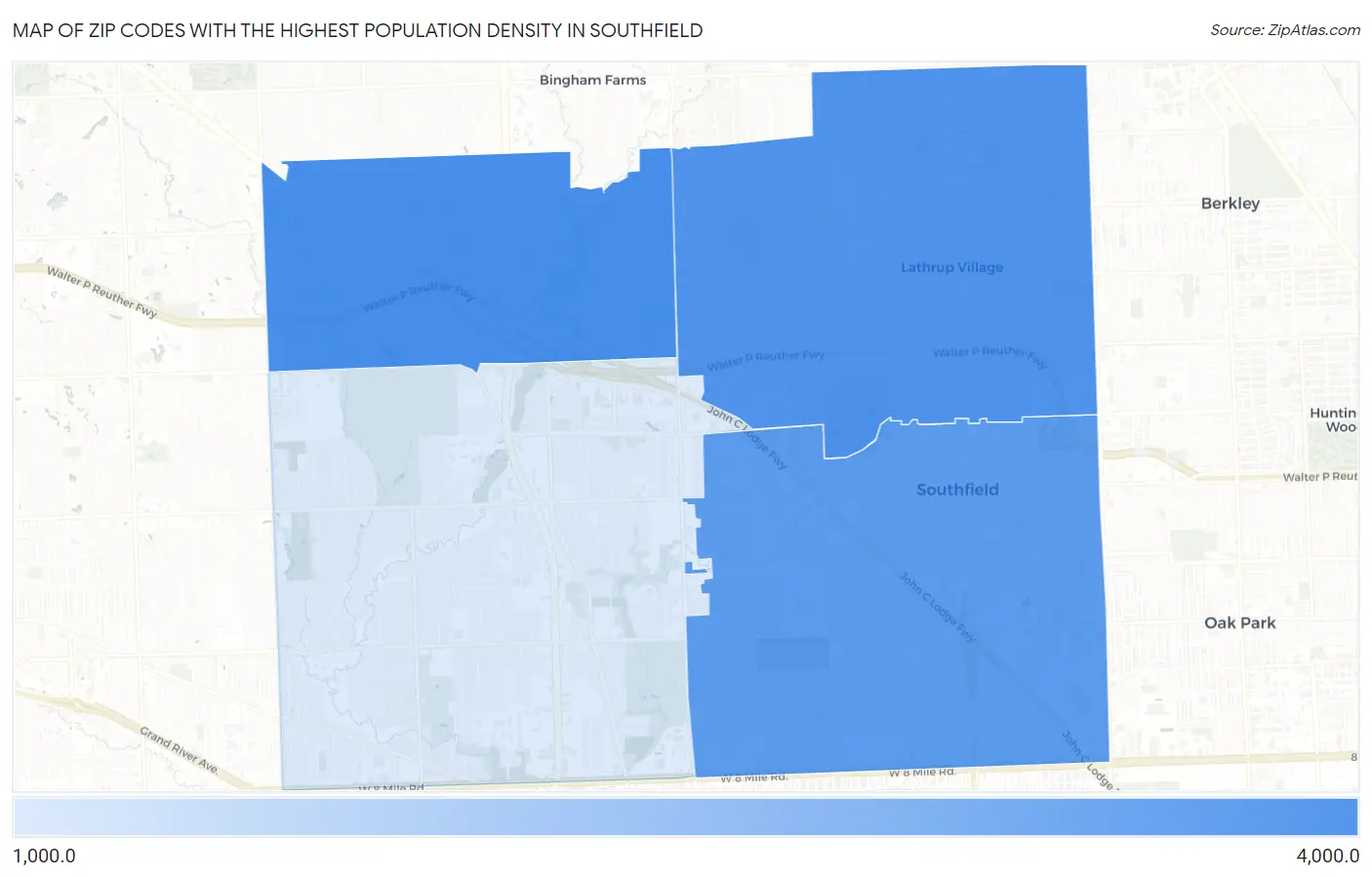 Zip Codes with the Highest Population Density in Southfield Map