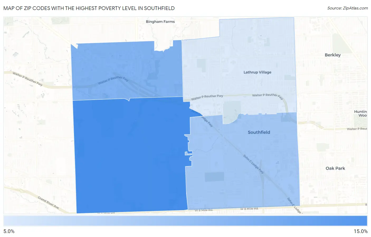 Zip Codes with the Highest Poverty Level in Southfield Map