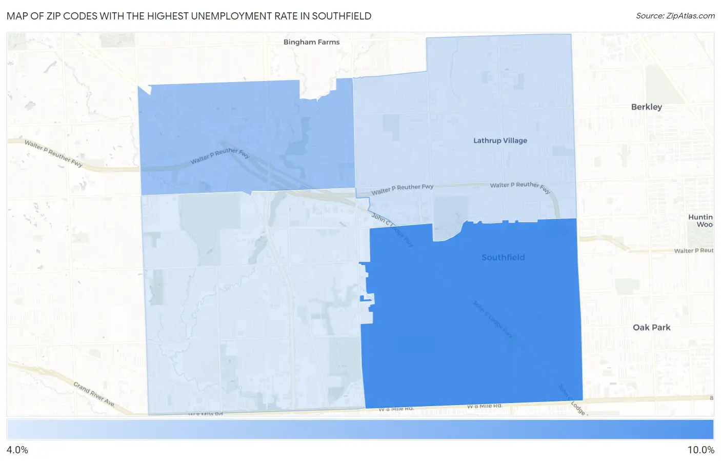 Zip Codes with the Highest Unemployment Rate in Southfield Map