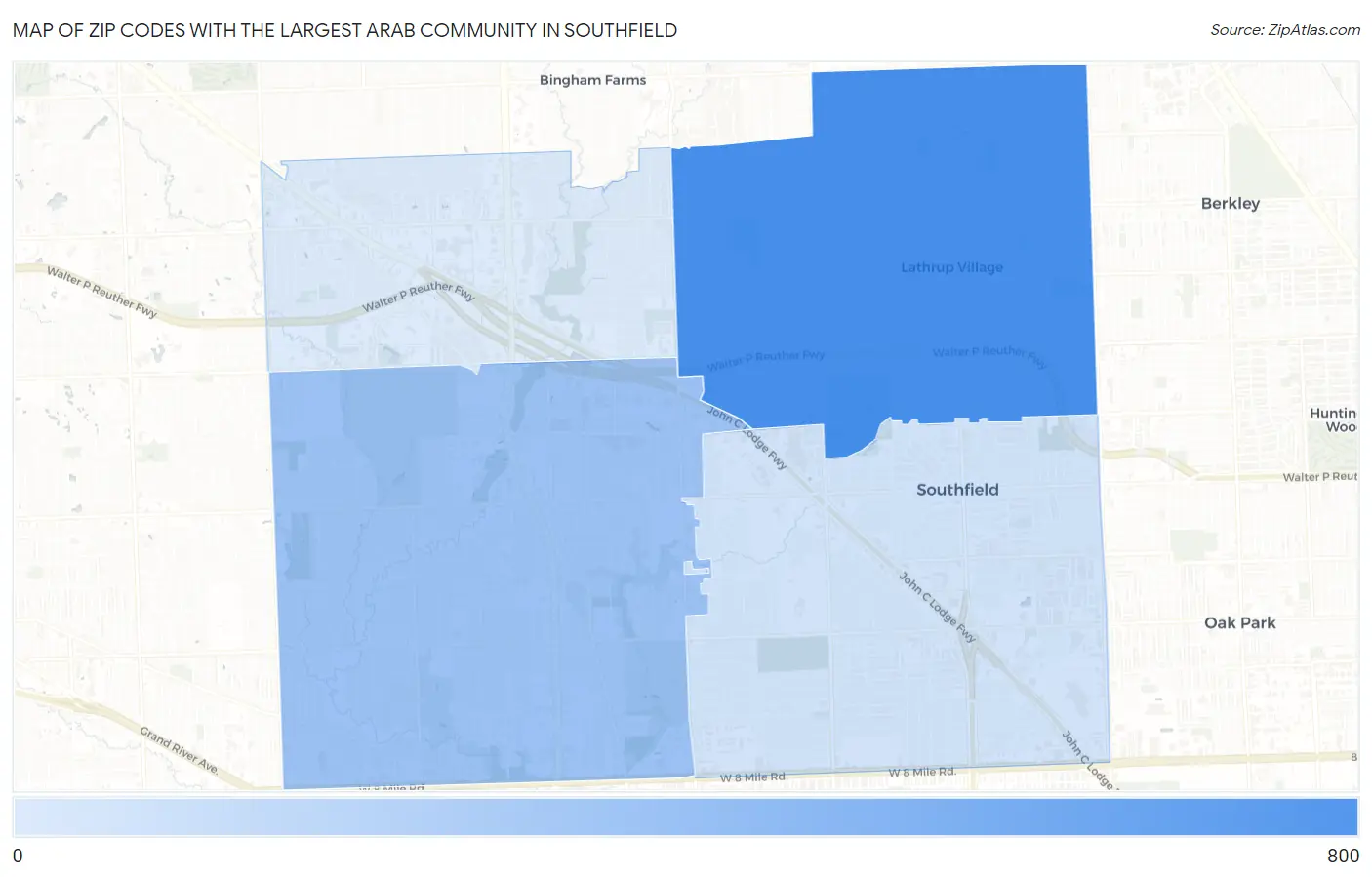 Zip Codes with the Largest Arab Community in Southfield Map