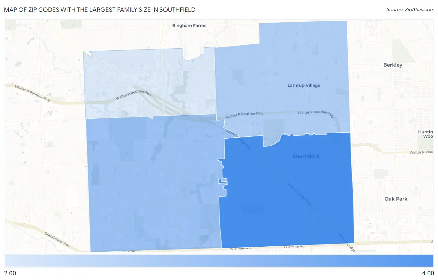 Zip Codes with the Largest Family Size in Southfield Map