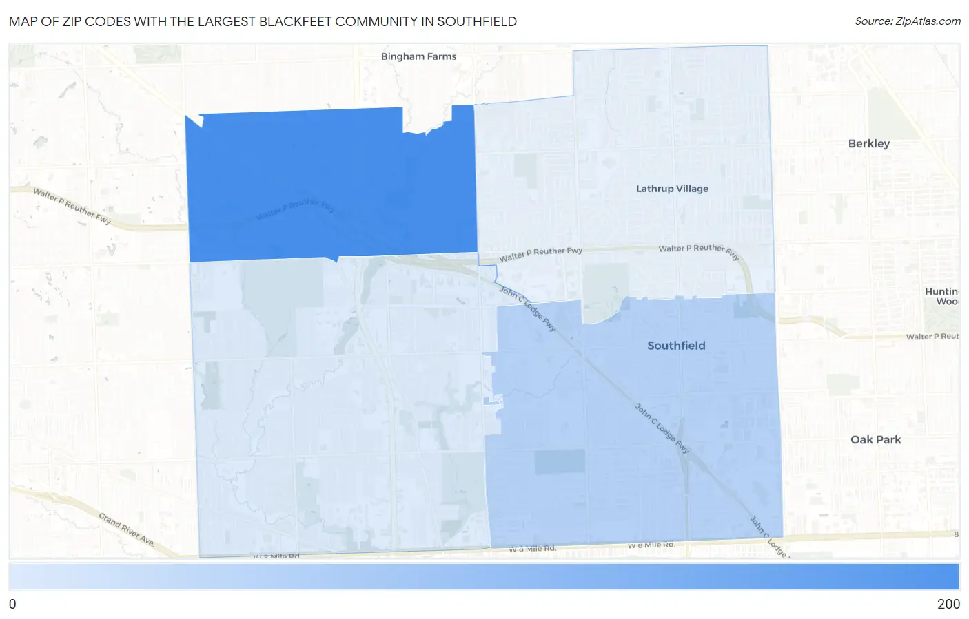 Zip Codes with the Largest Blackfeet Community in Southfield Map