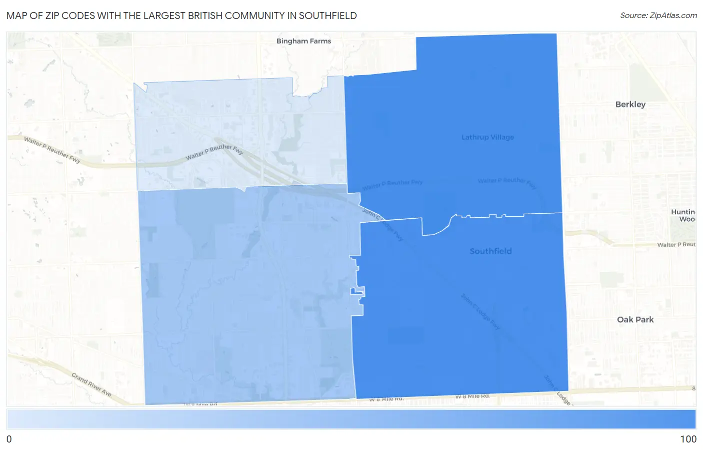 Zip Codes with the Largest British Community in Southfield Map