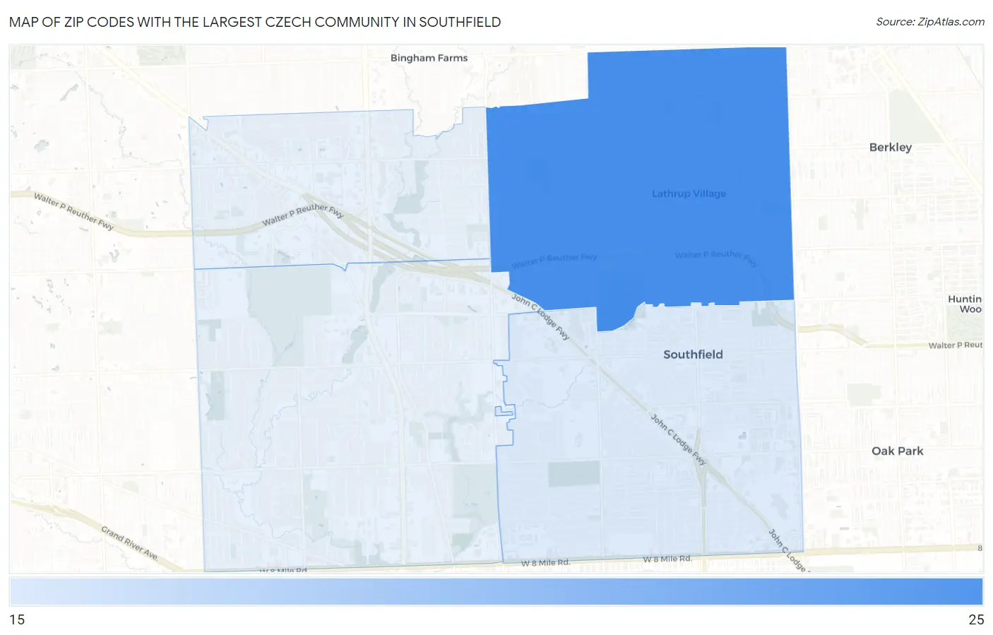 Zip Codes with the Largest Czech Community in Southfield Map