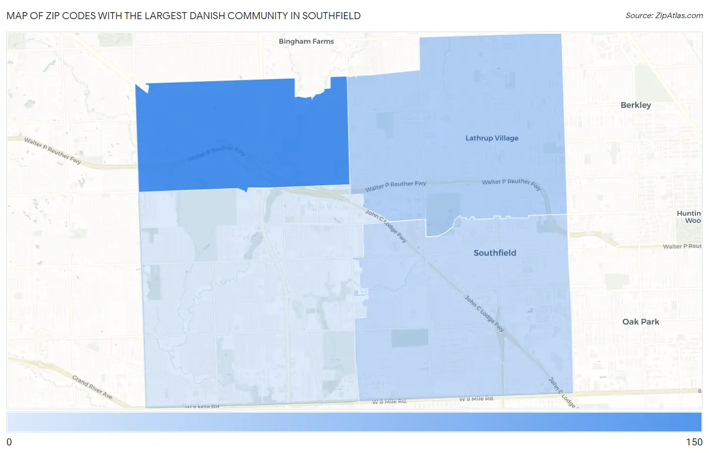 Zip Codes with the Largest Danish Community in Southfield Map