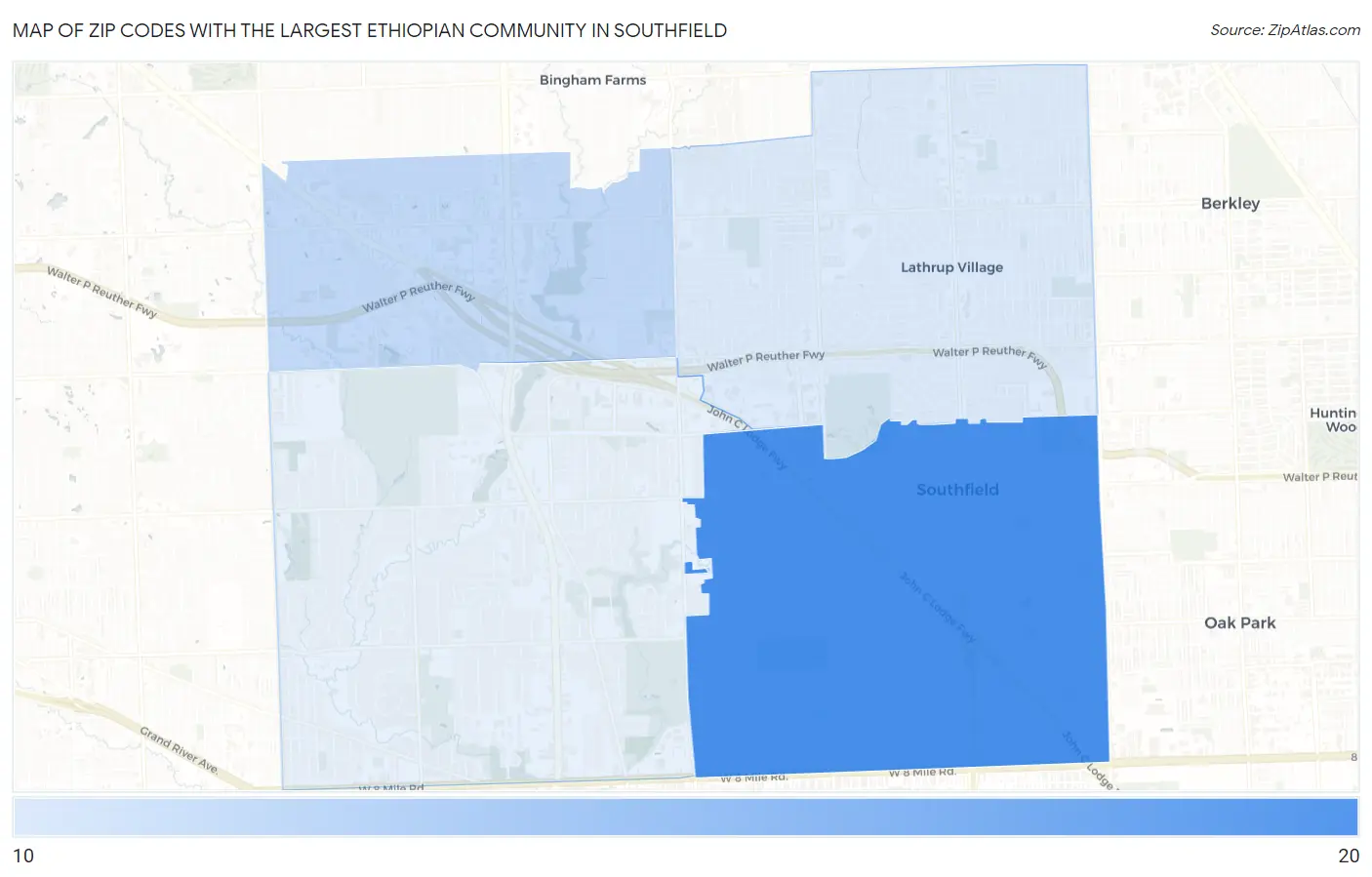 Zip Codes with the Largest Ethiopian Community in Southfield Map