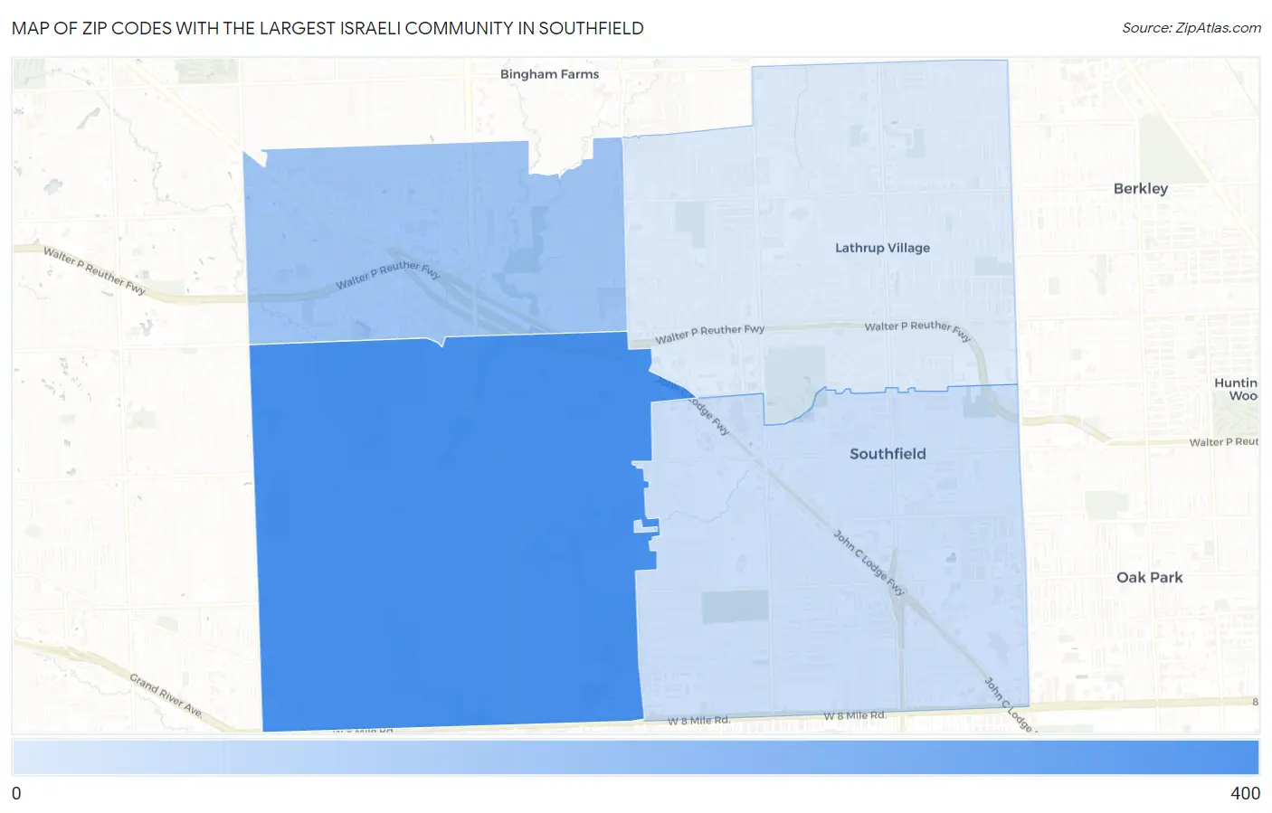Zip Codes with the Largest Israeli Community in Southfield Map