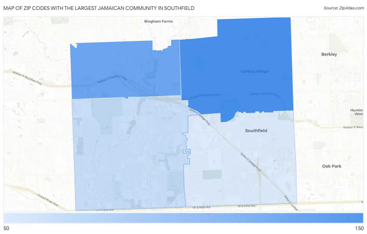 Zip Codes with the Largest Jamaican Community in Southfield Map