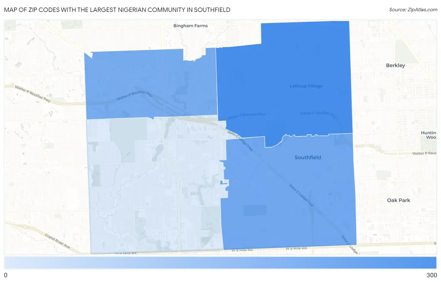 Zip Codes with the Largest Nigerian Community in Southfield Map