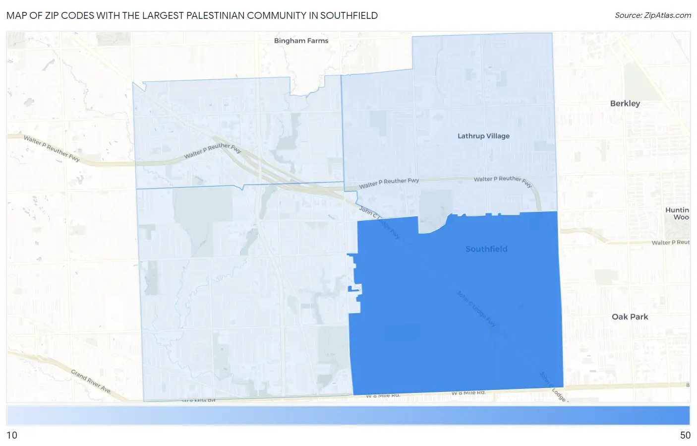 Zip Codes with the Largest Palestinian Community in Southfield Map