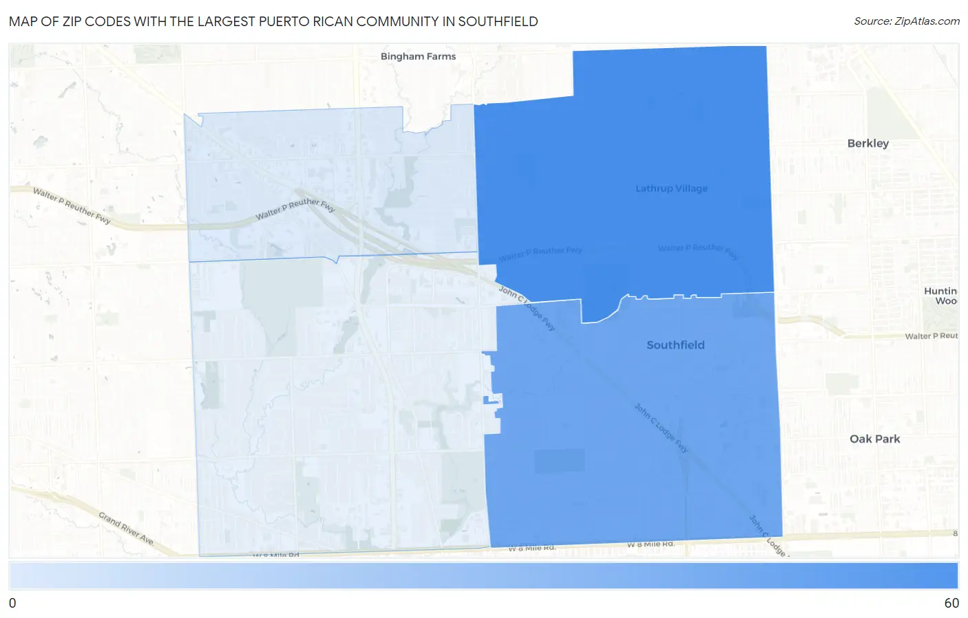Zip Codes with the Largest Puerto Rican Community in Southfield Map