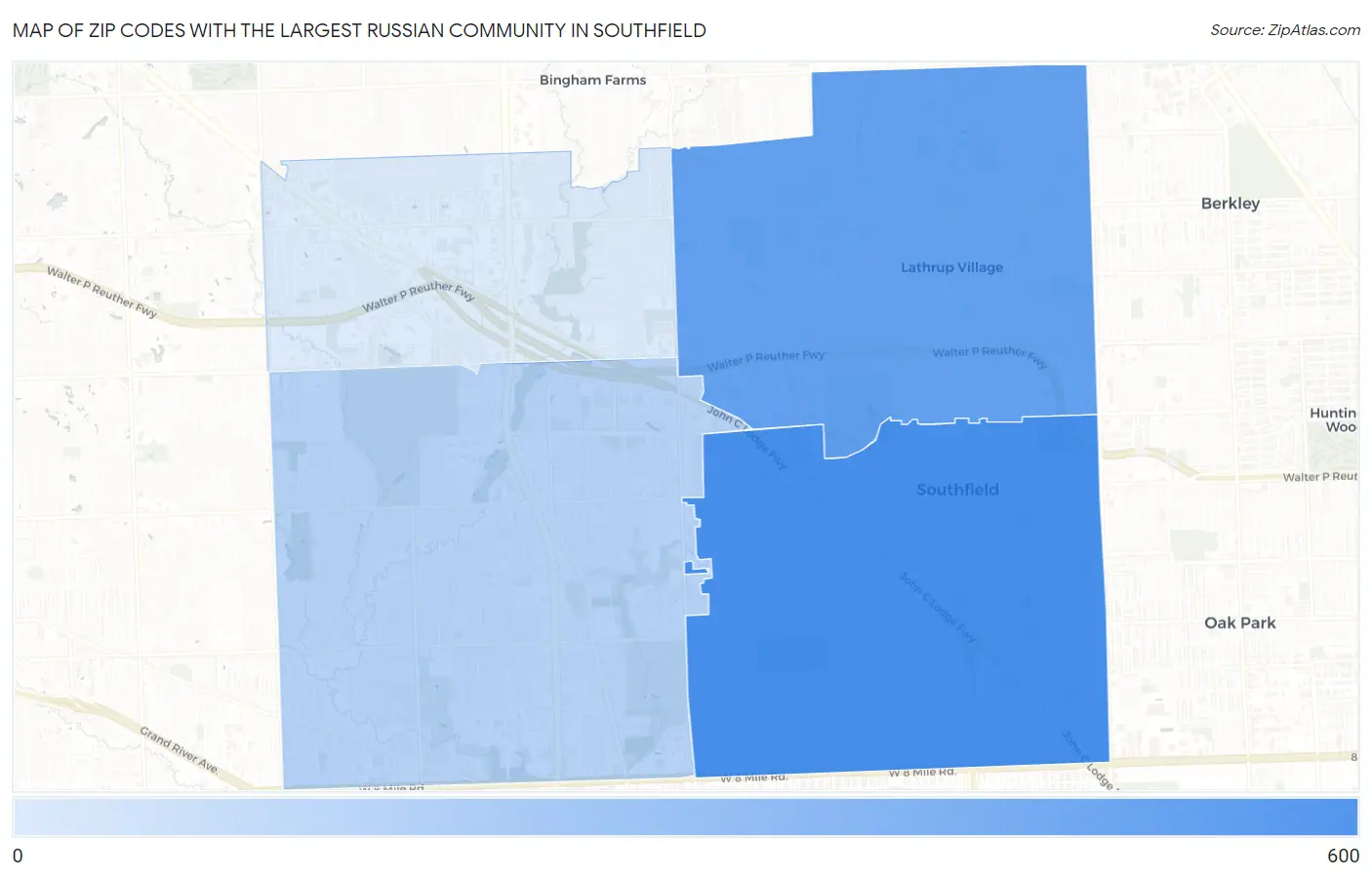 Zip Codes with the Largest Russian Community in Southfield Map