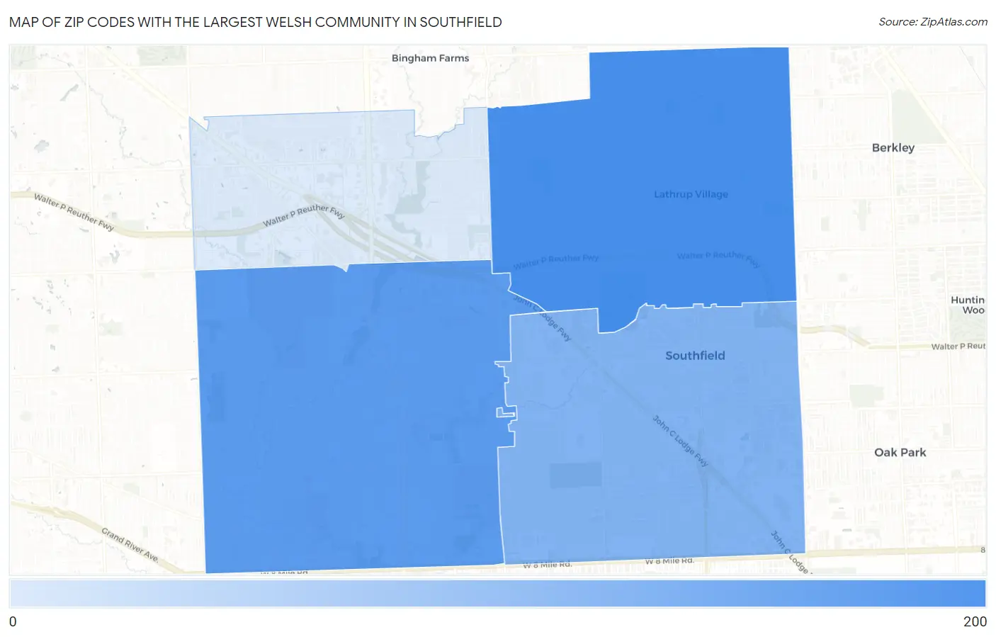 Zip Codes with the Largest Welsh Community in Southfield Map
