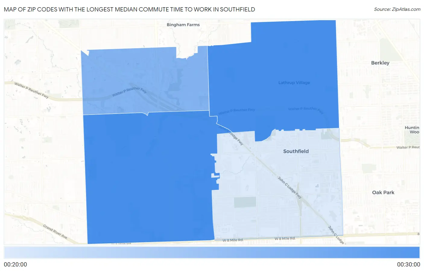 Zip Codes with the Longest Median Commute Time to Work in Southfield Map