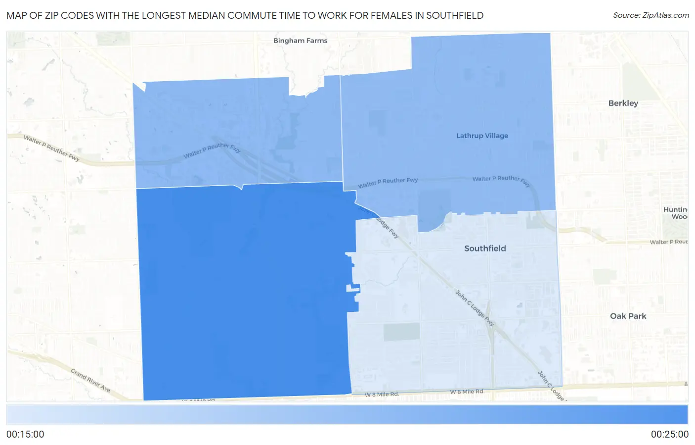 Zip Codes with the Longest Median Commute Time to Work for Females in Southfield Map