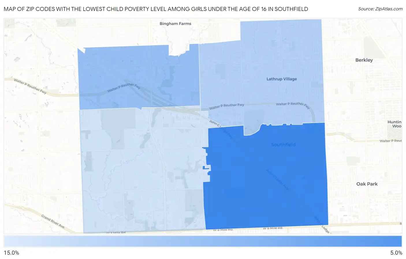 Zip Codes with the Lowest Child Poverty Level Among Girls Under the Age of 16 in Southfield Map