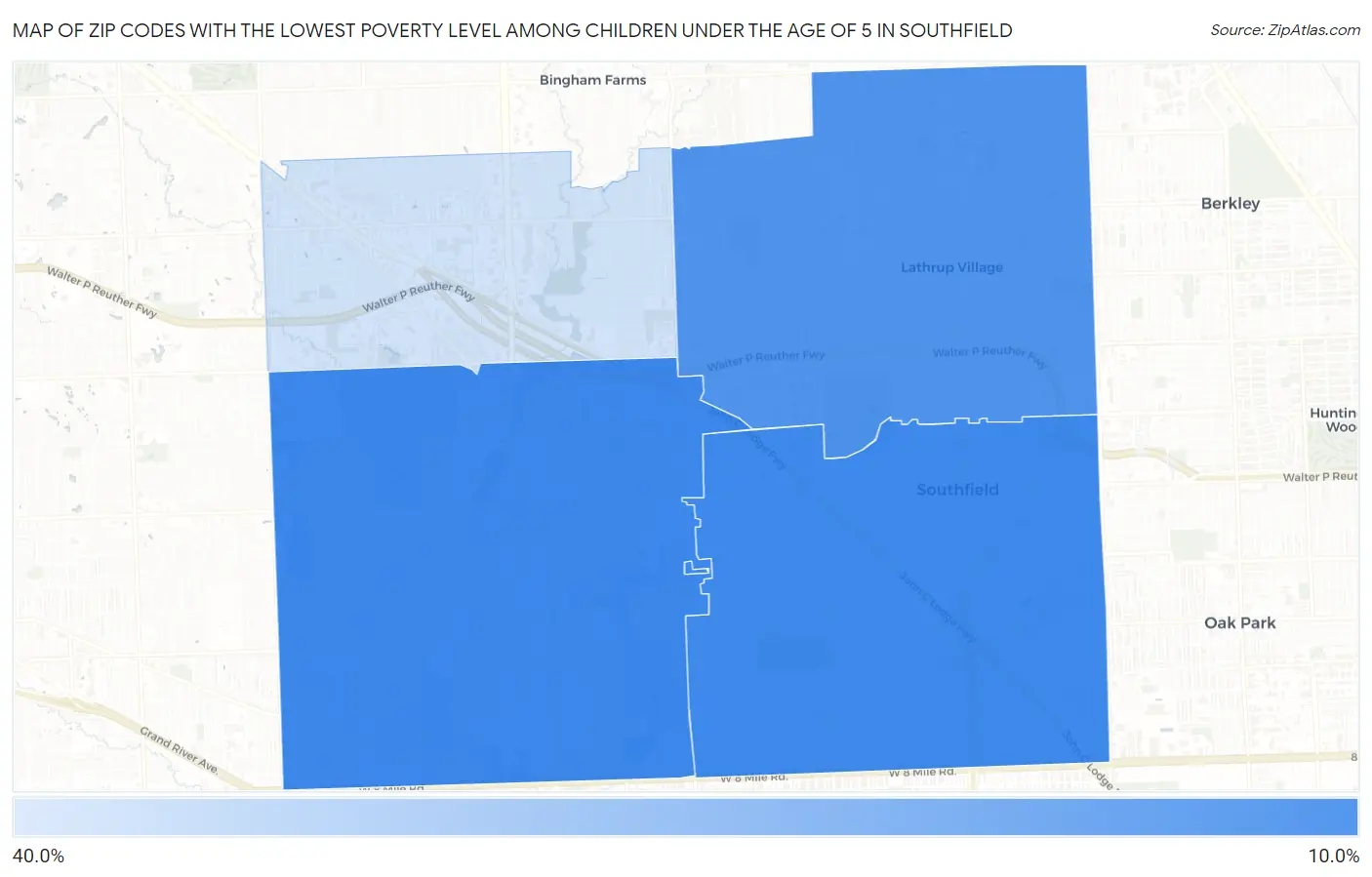 Zip Codes with the Lowest Poverty Level Among Children Under the Age of 5 in Southfield Map