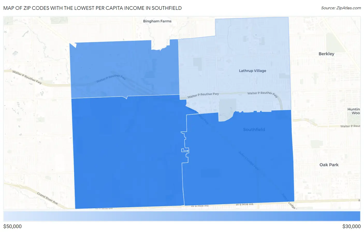 Zip Codes with the Lowest Per Capita Income in Southfield Map