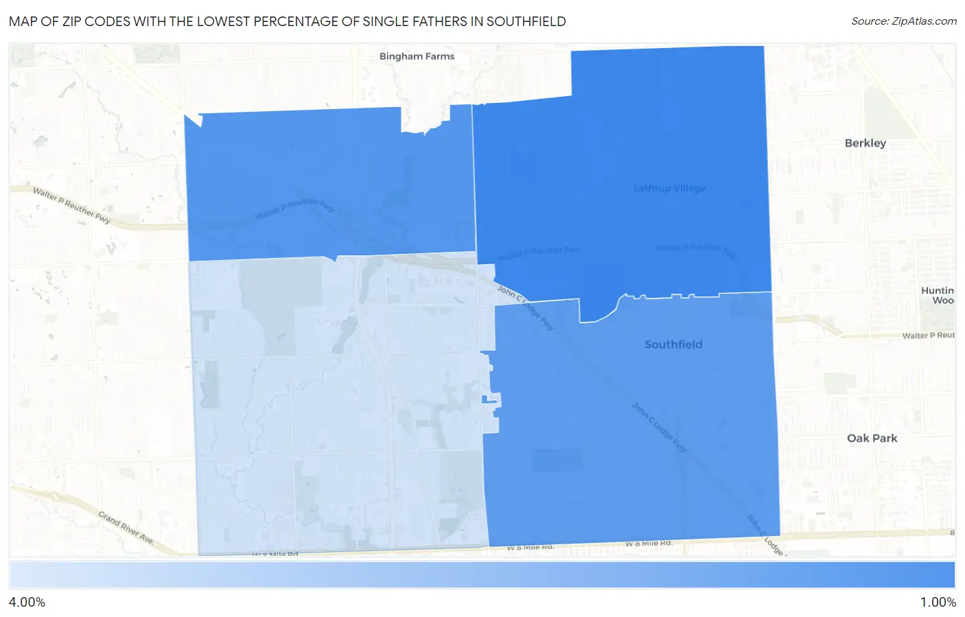 Zip Codes with the Lowest Percentage of Single Fathers in Southfield Map