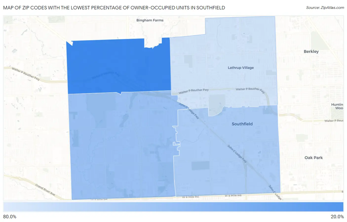 Zip Codes with the Lowest Percentage of Owner-Occupied Units in Southfield Map