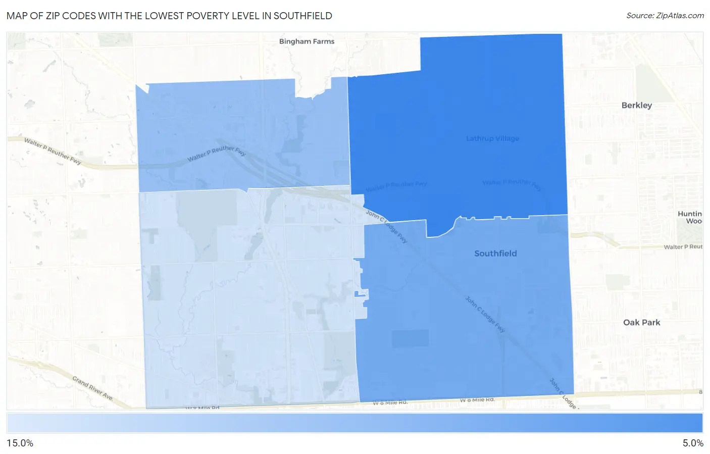 Zip Codes with the Lowest Poverty Level in Southfield Map