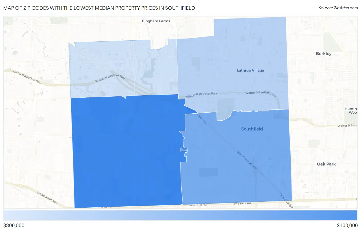Zip Codes with the Lowest Median Property Prices in Southfield Map