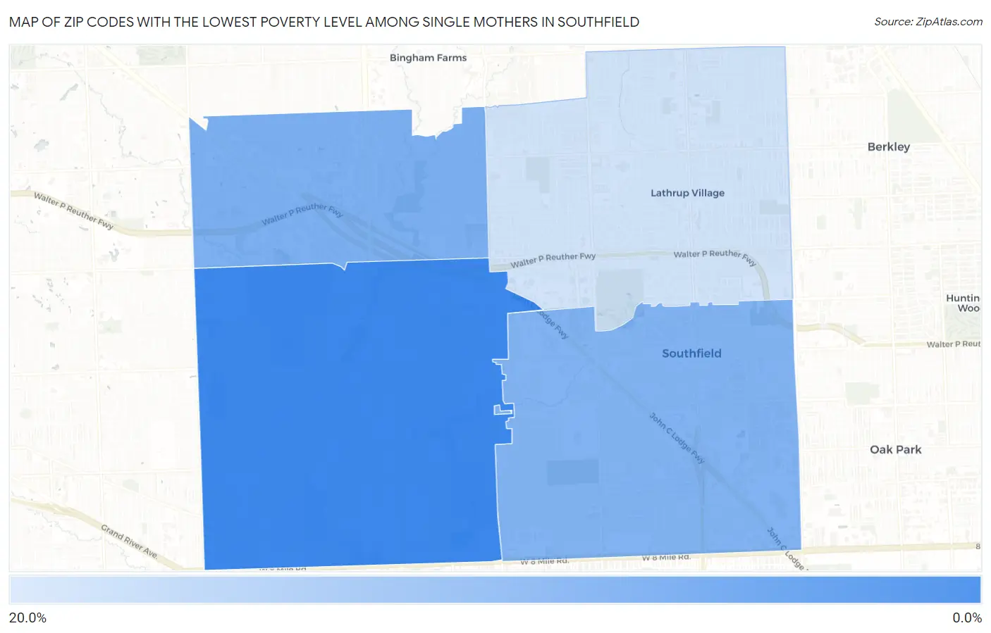 Zip Codes with the Lowest Poverty Level Among Single Mothers in Southfield Map