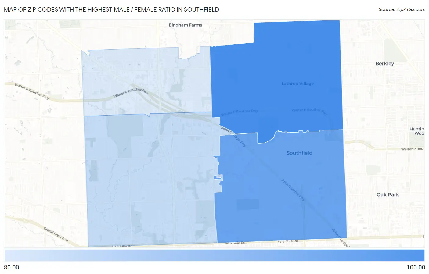 Zip Codes with the Highest Male / Female Ratio in Southfield Map