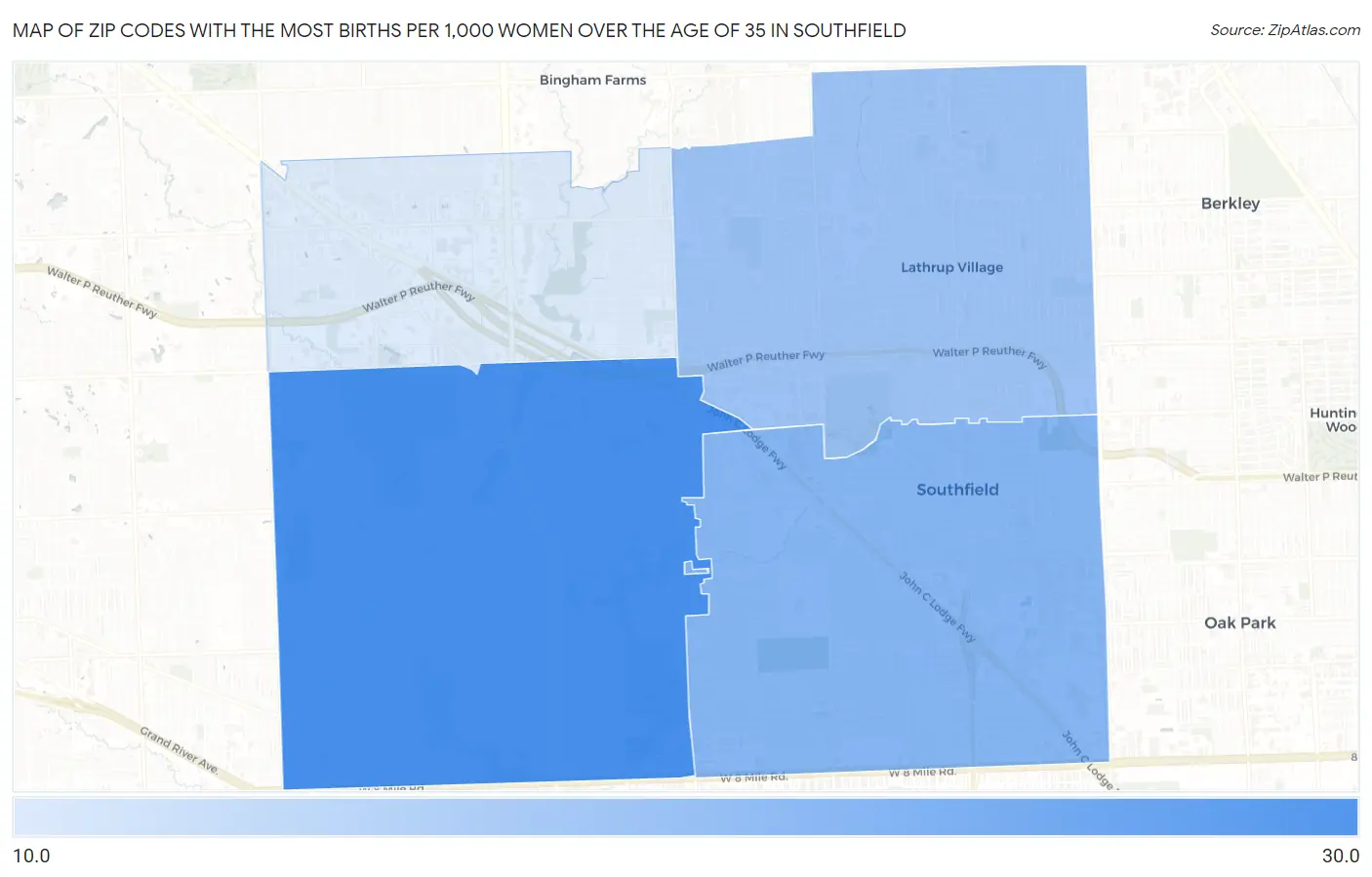 Zip Codes with the Most Births per 1,000 Women Over the Age of 35 in Southfield Map