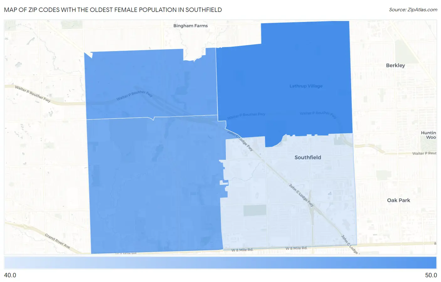 Zip Codes with the Oldest Female Population in Southfield Map