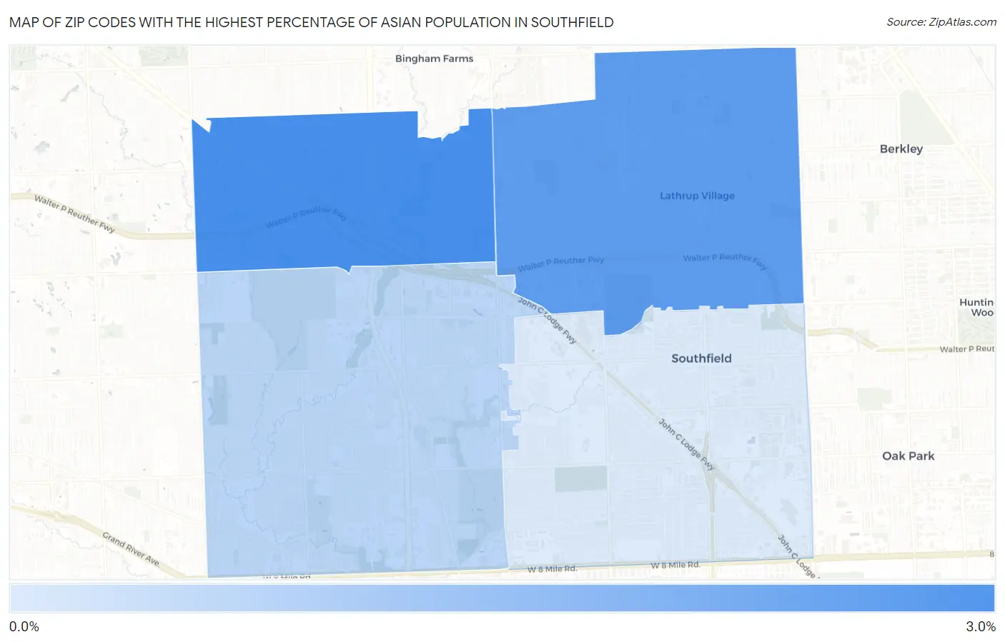 Zip Codes with the Highest Percentage of Asian Population in Southfield Map