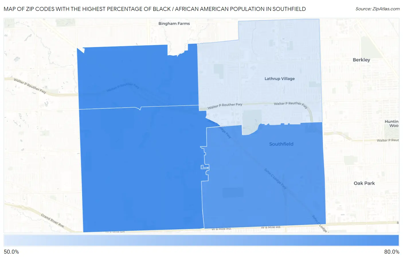 Zip Codes with the Highest Percentage of Black / African American Population in Southfield Map