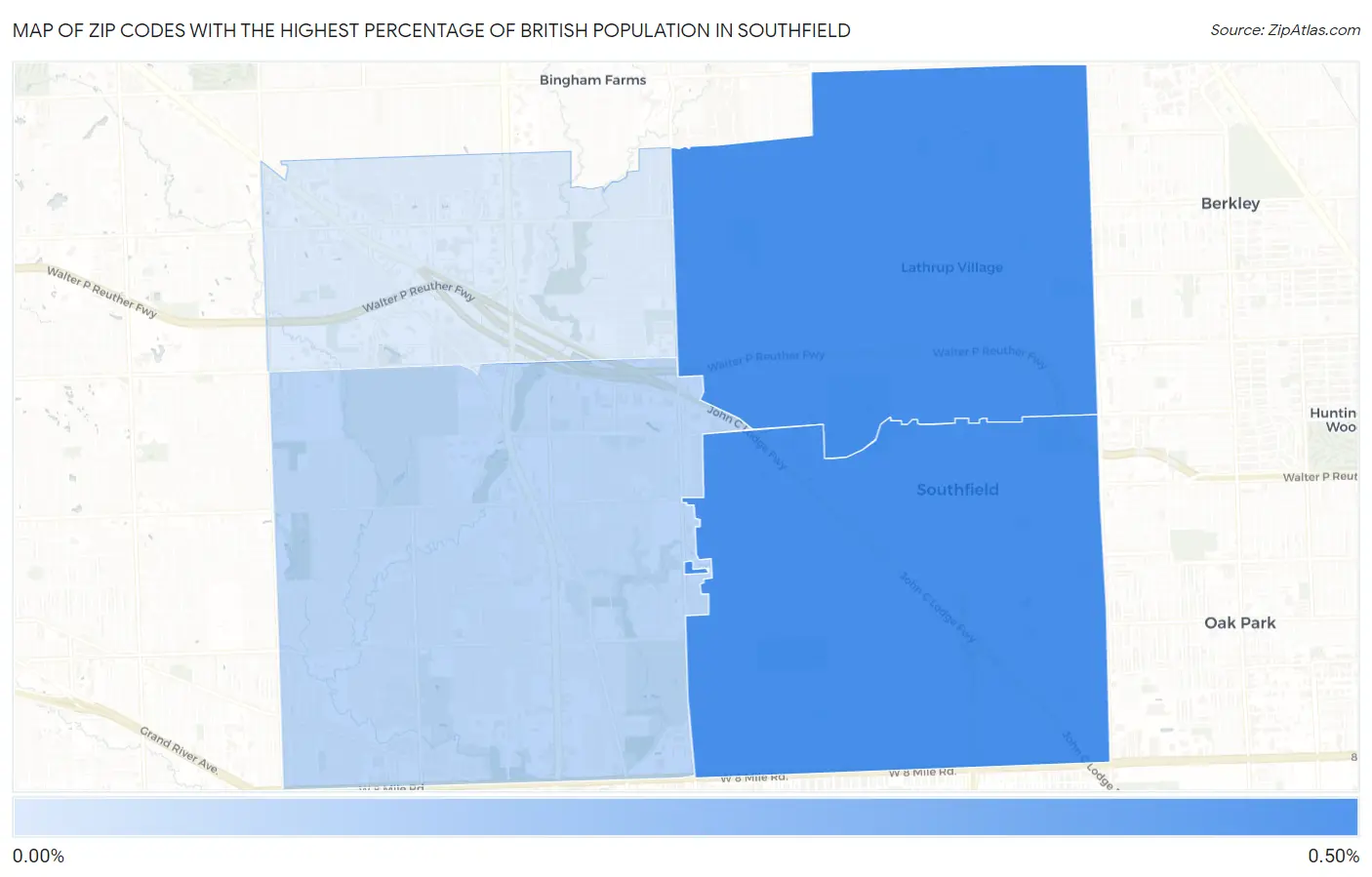 Zip Codes with the Highest Percentage of British Population in Southfield Map