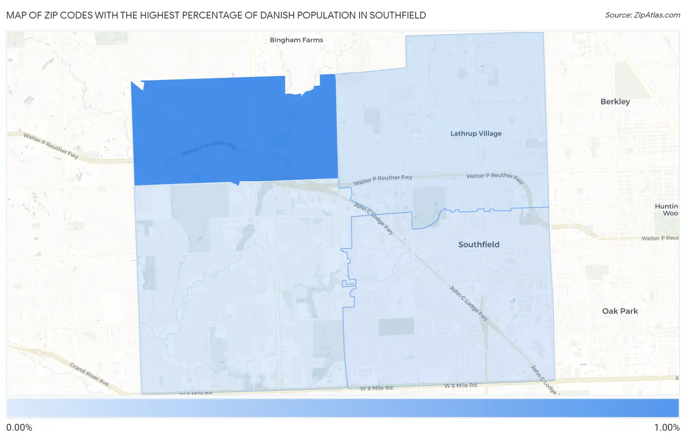 Zip Codes with the Highest Percentage of Danish Population in Southfield Map