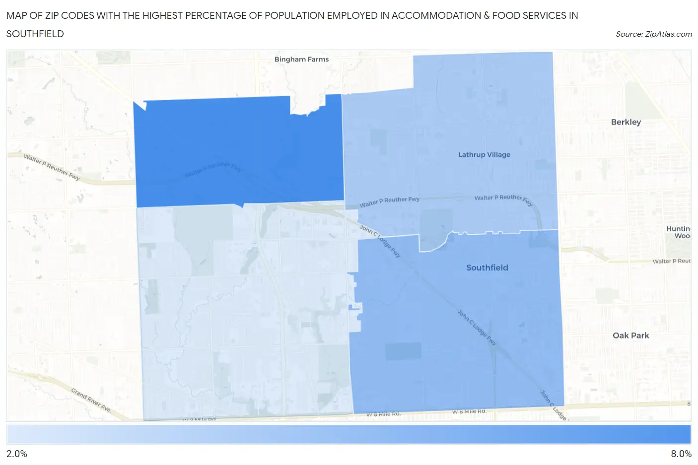 Zip Codes with the Highest Percentage of Population Employed in Accommodation & Food Services in Southfield Map