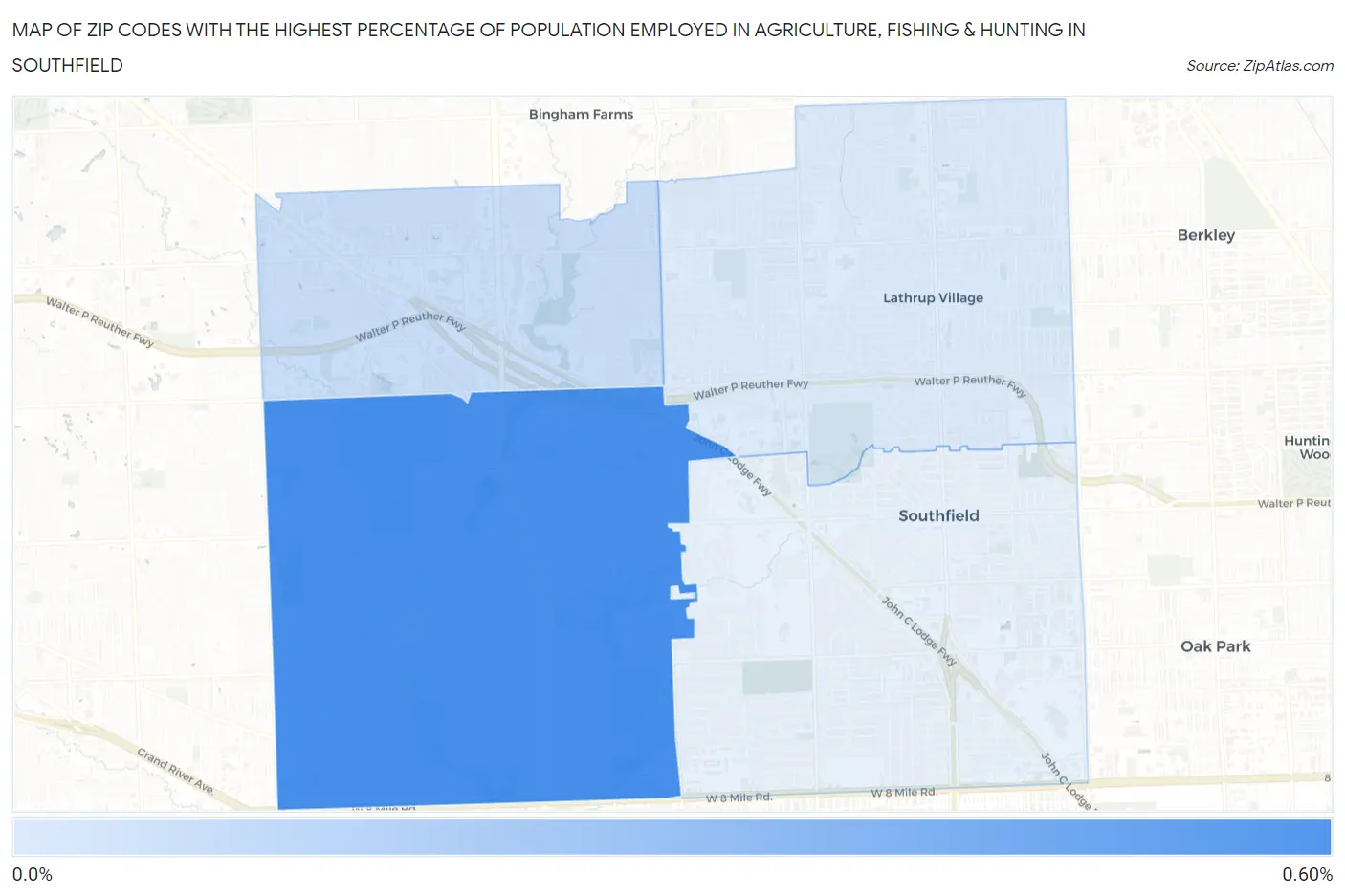 Zip Codes with the Highest Percentage of Population Employed in Agriculture, Fishing & Hunting in Southfield Map
