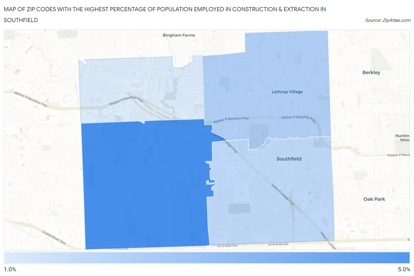 Zip Codes with the Highest Percentage of Population Employed in Construction & Extraction in Southfield Map