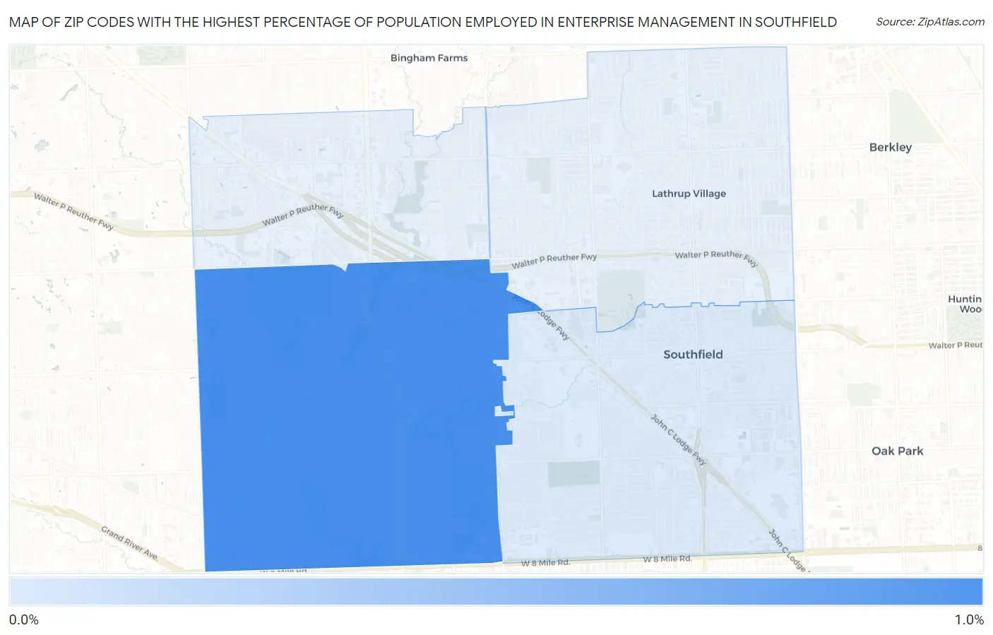 Zip Codes with the Highest Percentage of Population Employed in Enterprise Management in Southfield Map