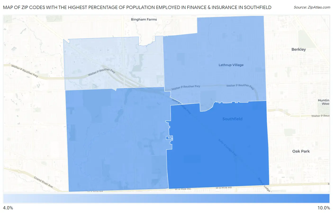 Zip Codes with the Highest Percentage of Population Employed in Finance & Insurance in Southfield Map