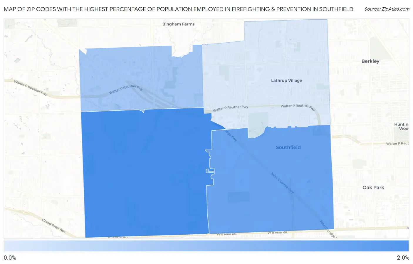Zip Codes with the Highest Percentage of Population Employed in Firefighting & Prevention in Southfield Map