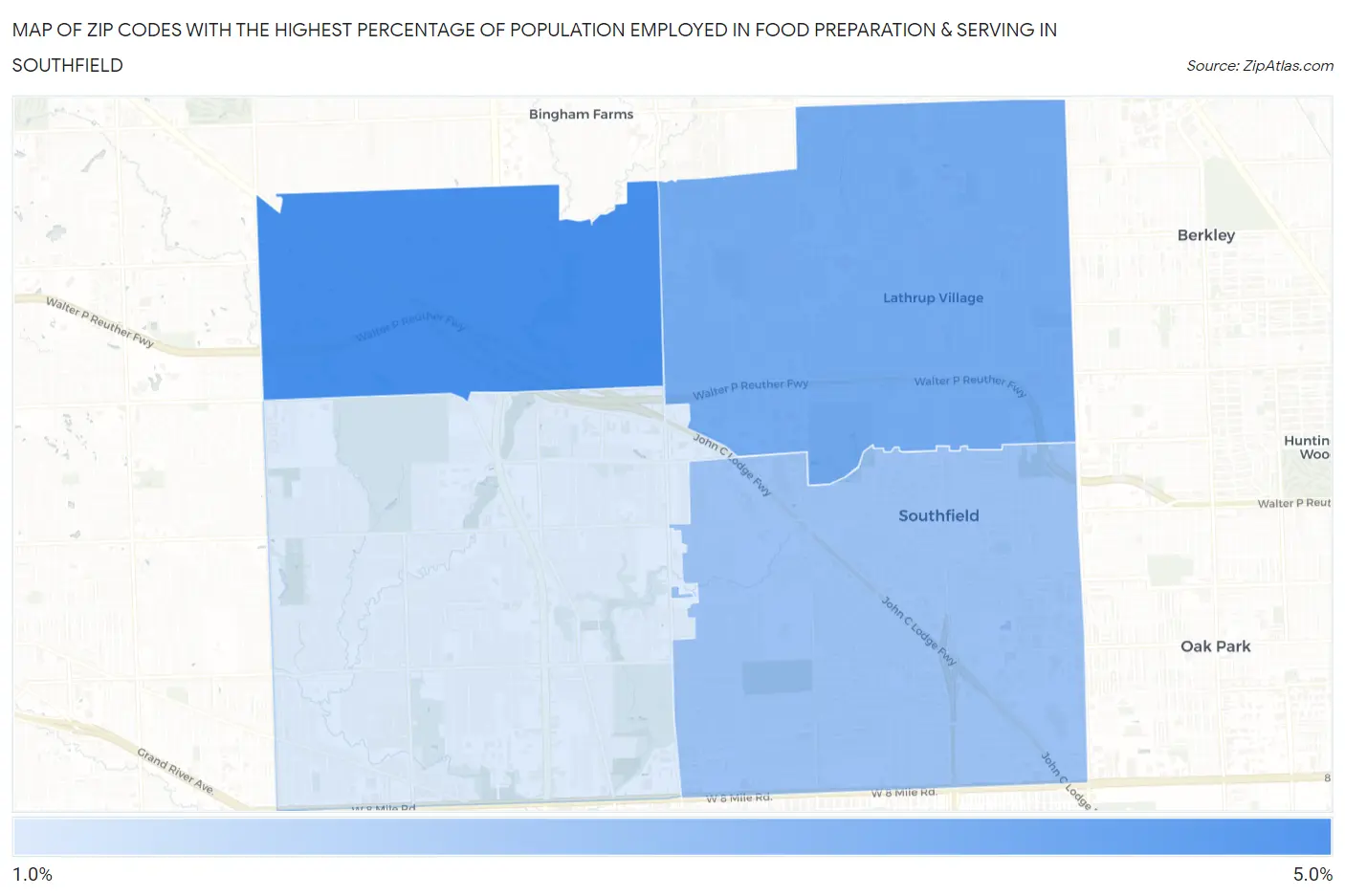 Zip Codes with the Highest Percentage of Population Employed in Food Preparation & Serving in Southfield Map