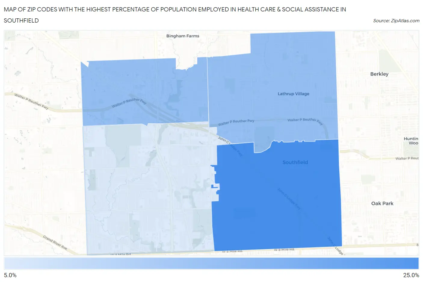 Zip Codes with the Highest Percentage of Population Employed in Health Care & Social Assistance in Southfield Map
