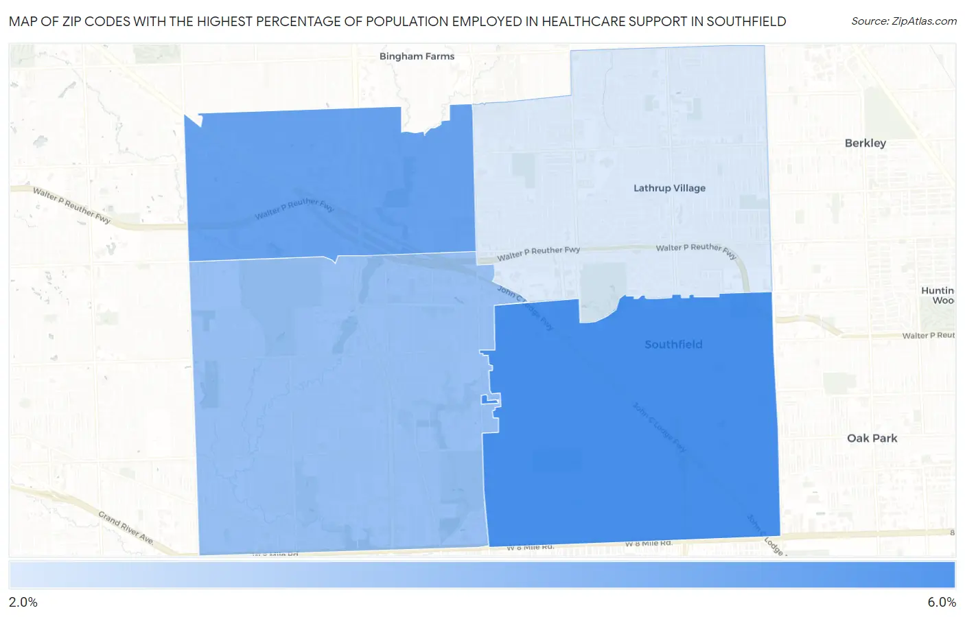 Zip Codes with the Highest Percentage of Population Employed in Healthcare Support in Southfield Map
