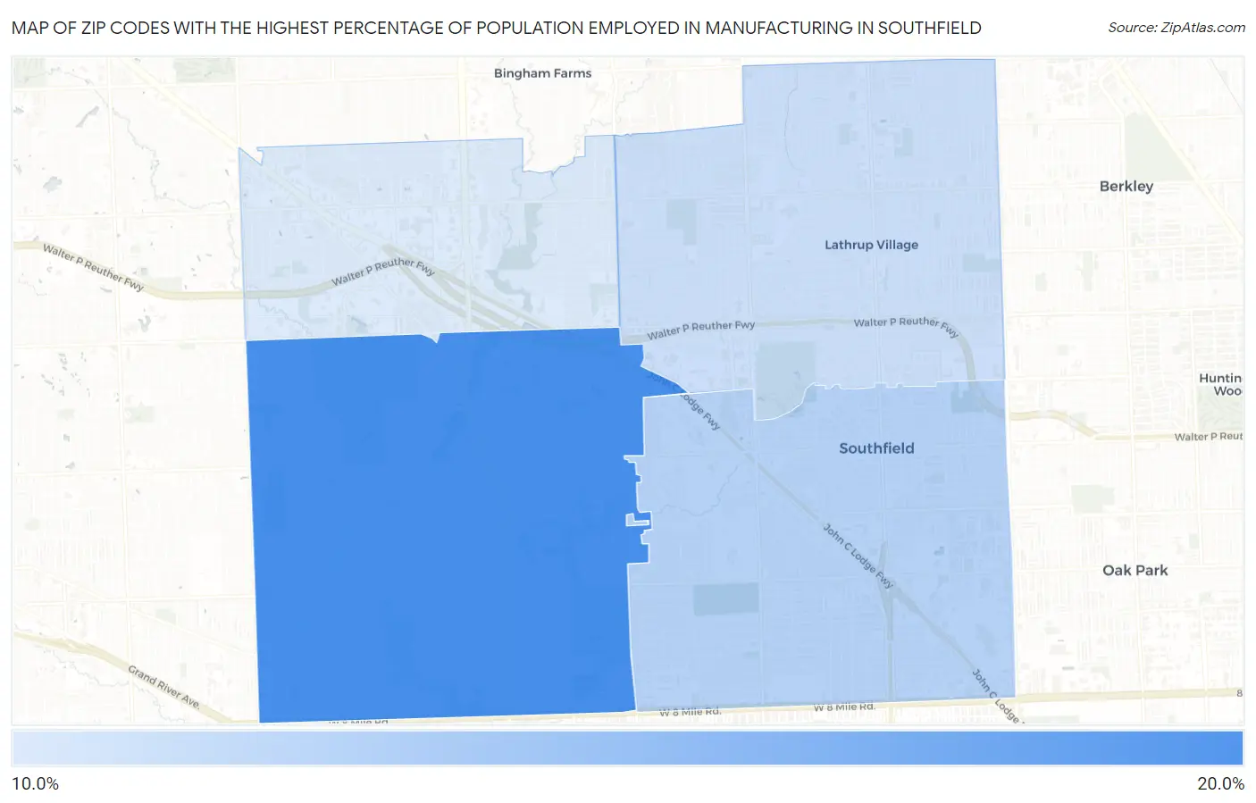 Zip Codes with the Highest Percentage of Population Employed in Manufacturing in Southfield Map
