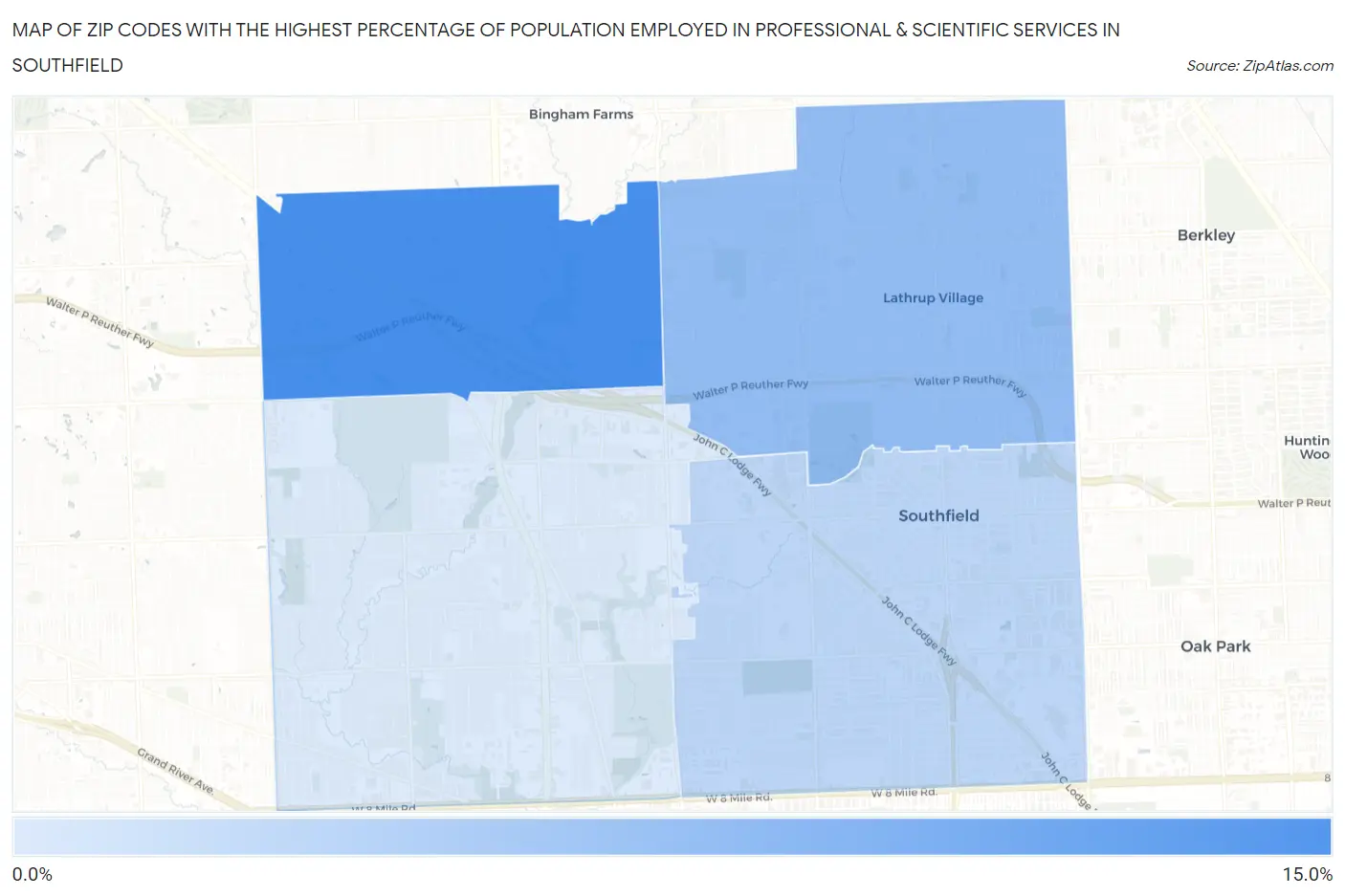 Zip Codes with the Highest Percentage of Population Employed in Professional & Scientific Services in Southfield Map