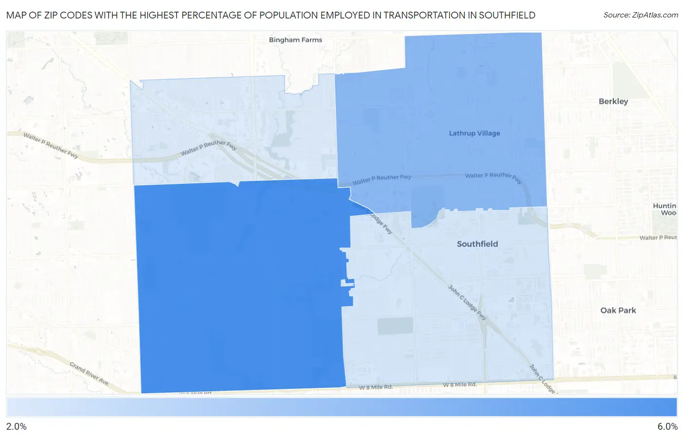 Zip Codes with the Highest Percentage of Population Employed in Transportation in Southfield Map