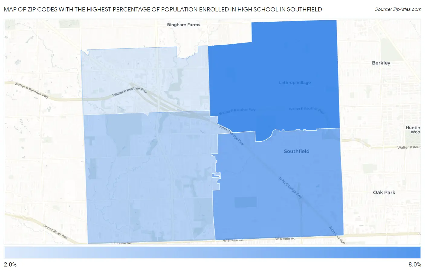 Zip Codes with the Highest Percentage of Population Enrolled in High School in Southfield Map