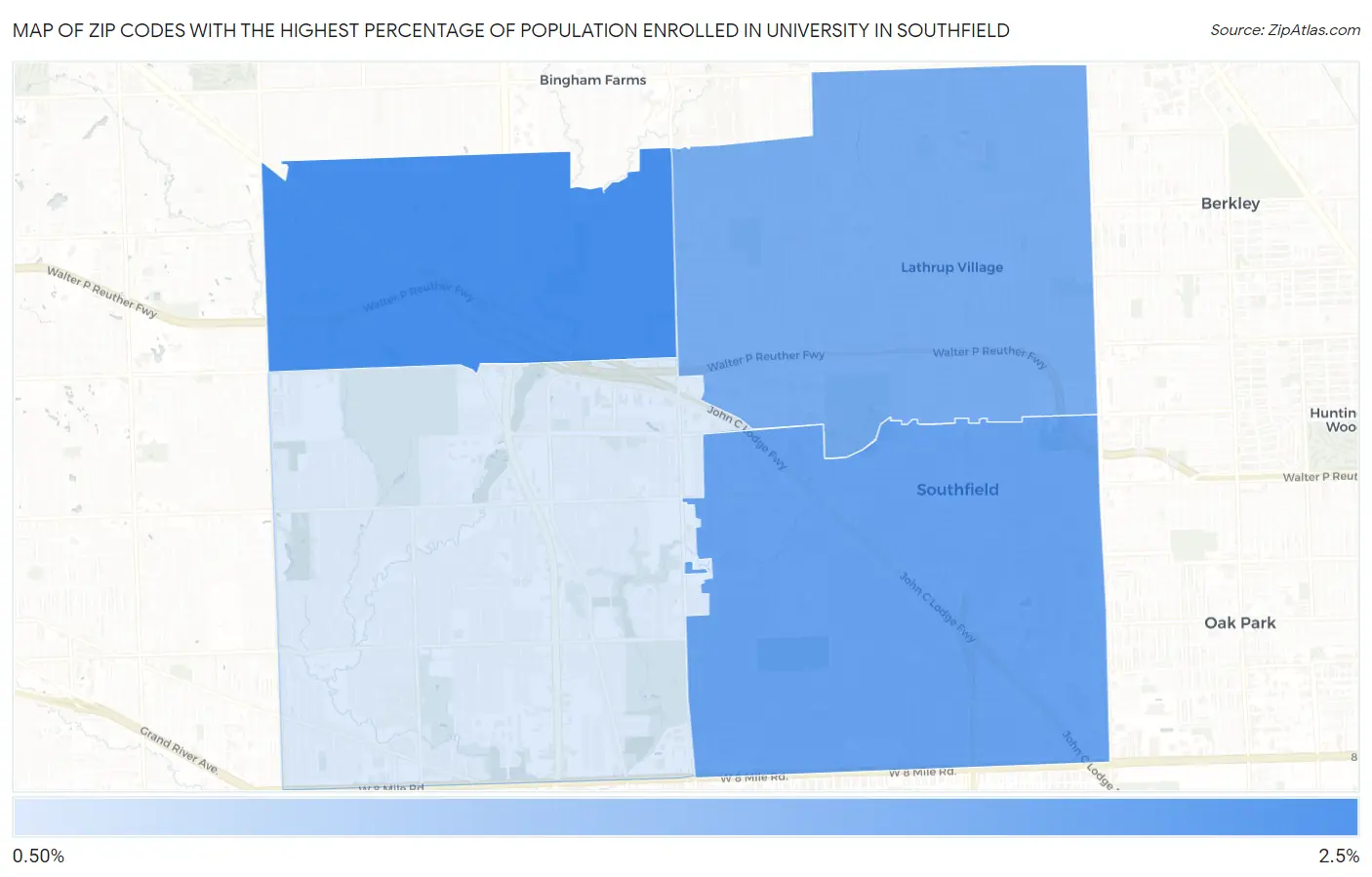 Zip Codes with the Highest Percentage of Population Enrolled in University in Southfield Map