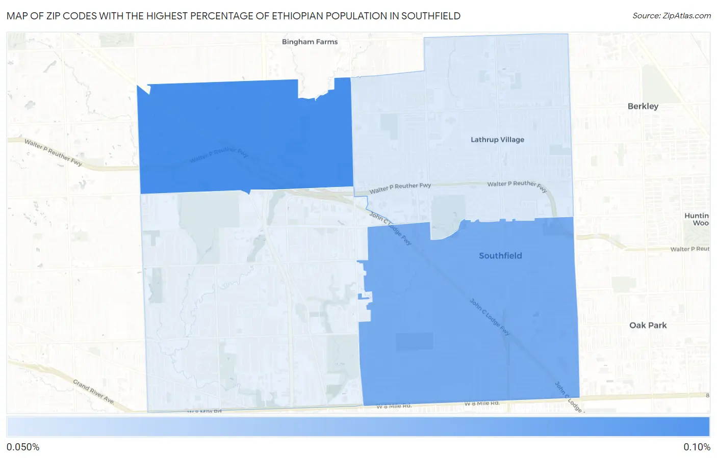 Zip Codes with the Highest Percentage of Ethiopian Population in Southfield Map
